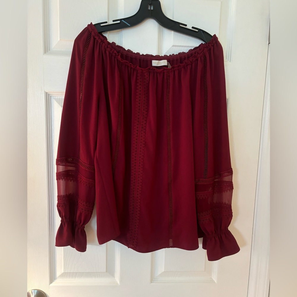 Ramy Brook Off-Shoulder Lace Trim Blouse in Burgundy